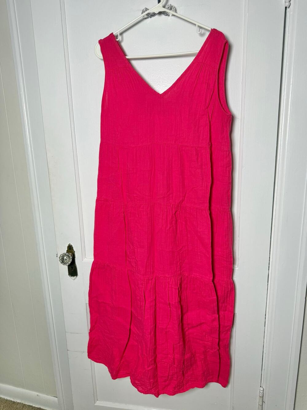 Quince Womens XL Hot Pink Cotton Gauze Tiered Maxi Dress V Neck Resort